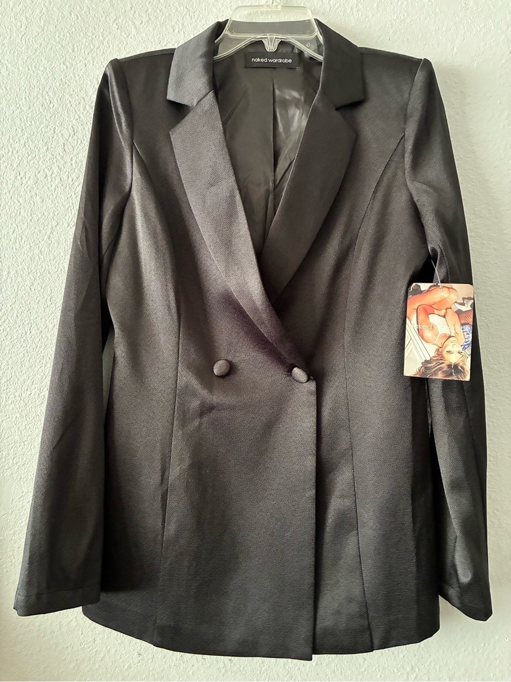 Naked Wardrobe L 💯 Polyester BLK Satin-Look Double Breasted Blazer Fitted Sexy